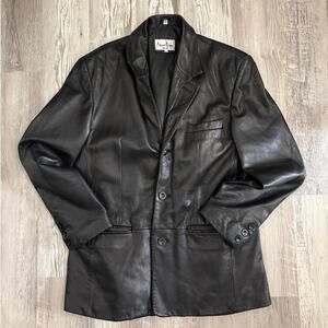 Albert Duke‎ New York Black Leather Coat Single Breasted Luxury Jacket Mens XL